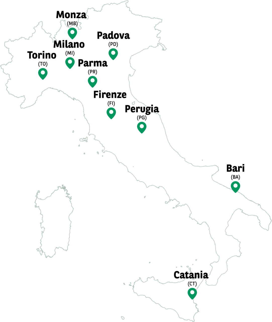 Cartina dell'Italia con indicazione di dove si trovano i 9 Arval Store